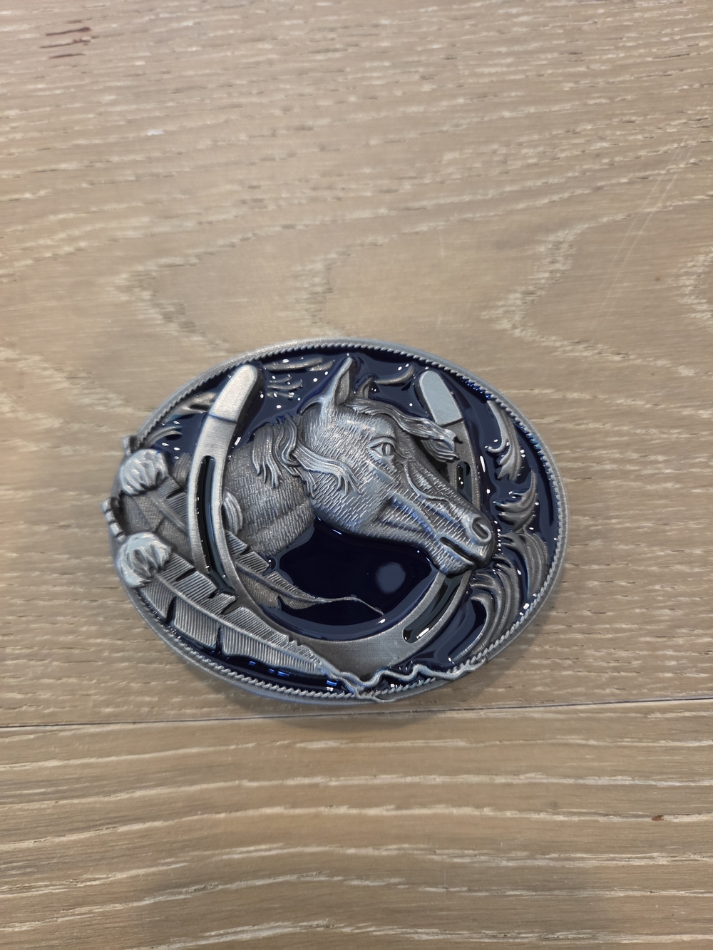 Western Horse Head Horseshoe Blue Enamel Oval Belt Buckle